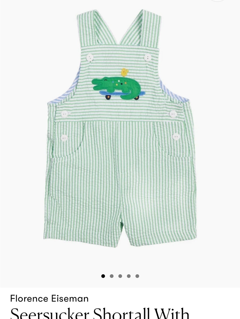 NWT Florence Eiseman Green Seersucker Shortall with Crocodile Applique